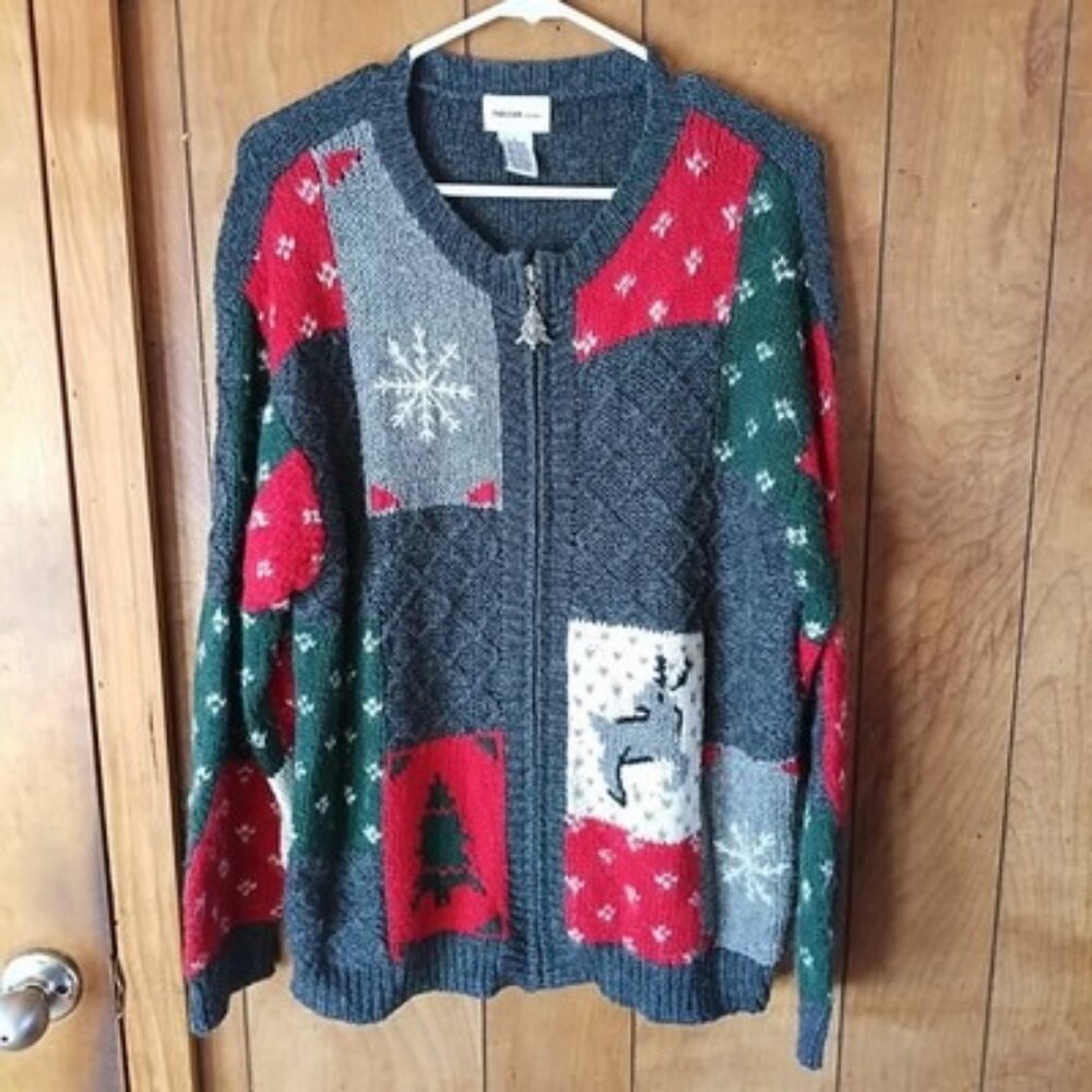 VTG Parisian Works Christmas Patchwork Sweater Size L Zip Front Holiday Cardigan